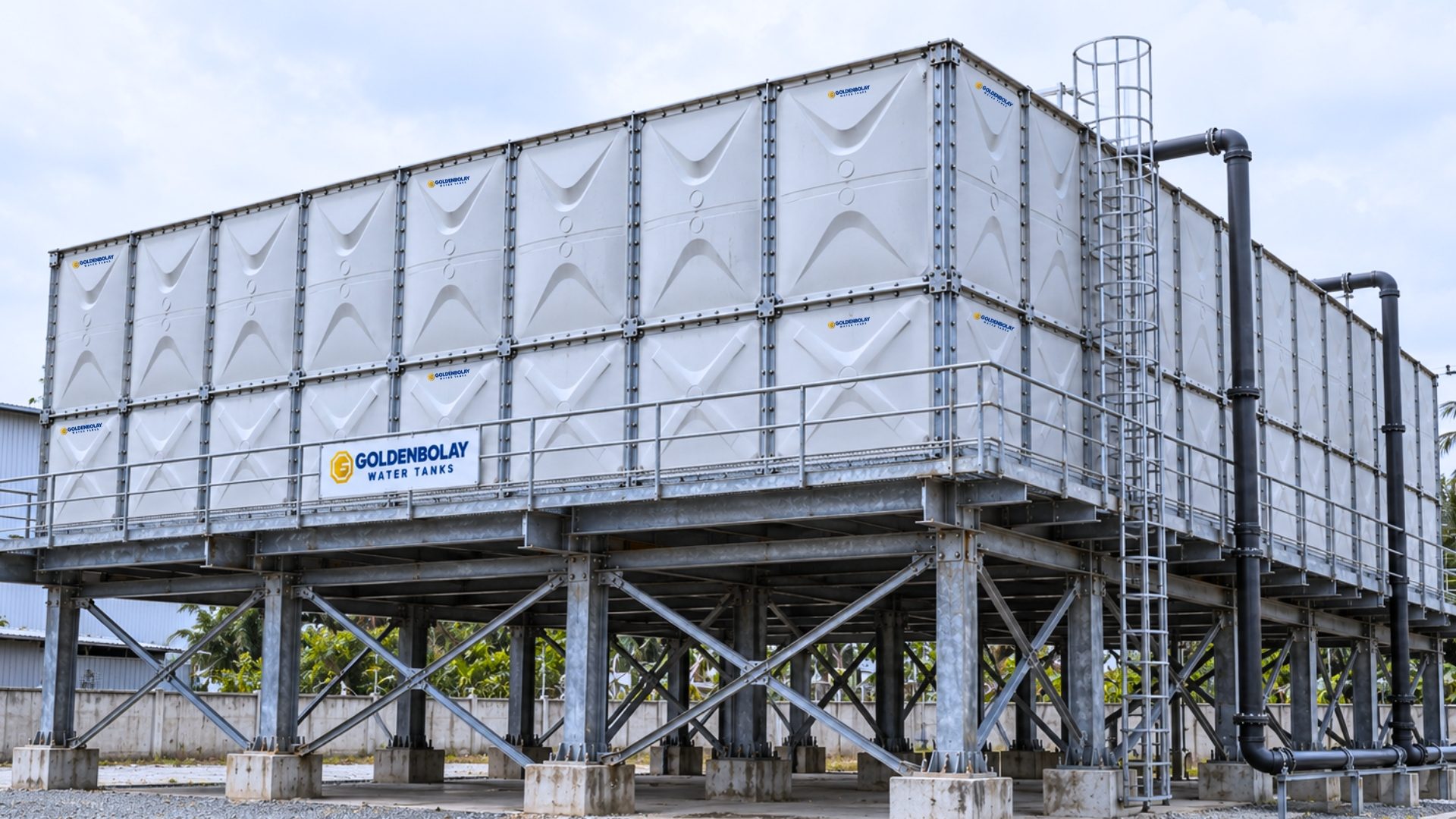 Goldenbolay GRP modular water tank on an elevated steel tower